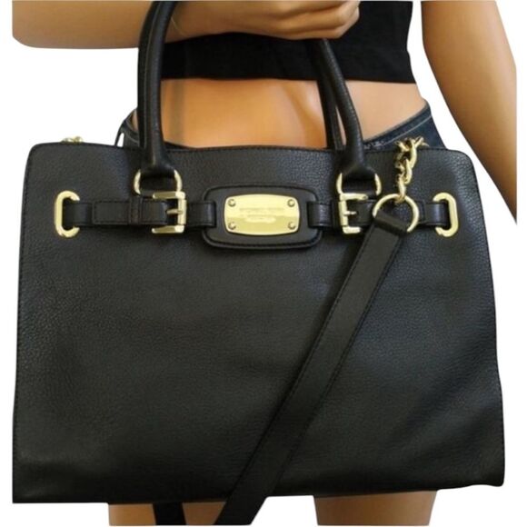 Michael Kors Hamilton Black Pebbled Leather Top Handle Satchel Crossbody Bag - Picture 2 of 13